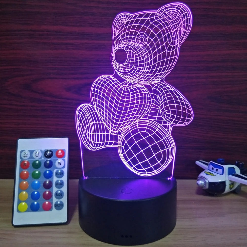 Pembe Kalp Ayı 3D Gece Lambası - USB ile Çalışan, Anahtar Kontrollü