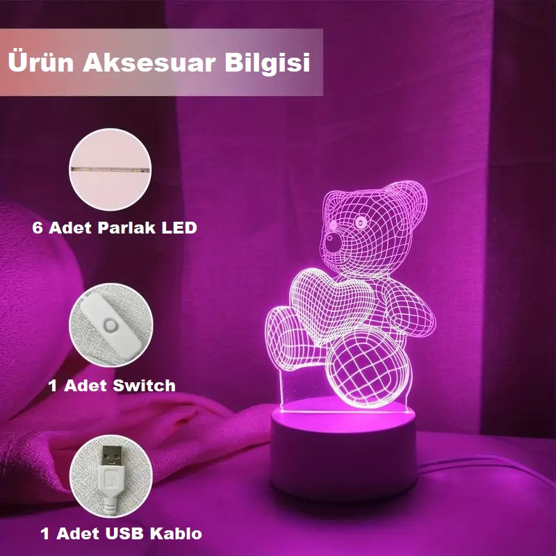 Pembe Kalp Ayı 3D Gece Lambası - USB ile Çalışan, Anahtar Kontrollü